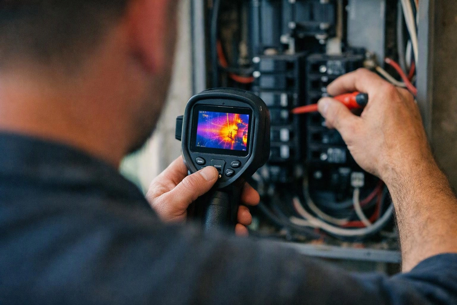 A technician inspects an electrical panel with a thermal camera and screwdriver, checking wiring inside the open box