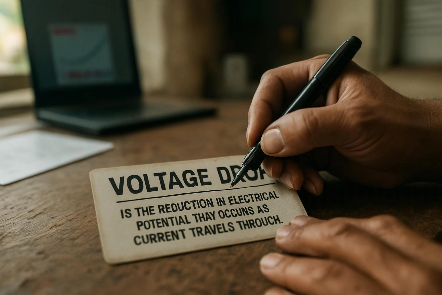 A hand writes on a card about voltage drop beside a laptop on a wooden desk