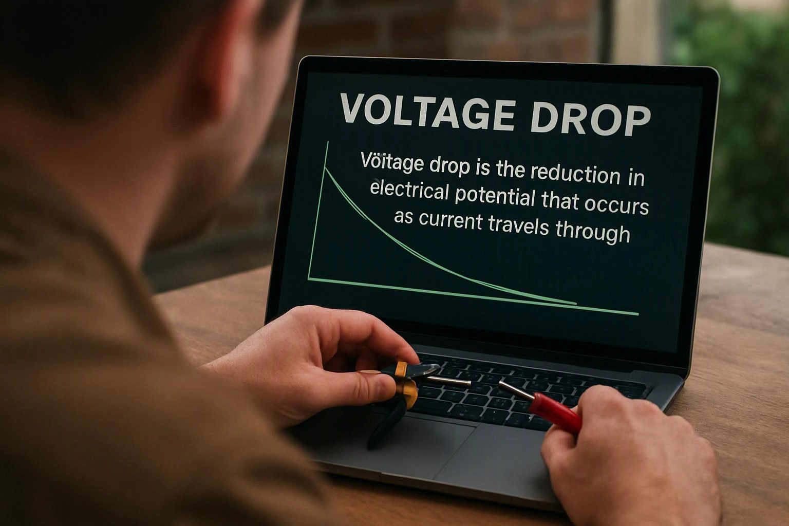 A person holds wires near a laptop showing a voltage drop slide and graph on the screen