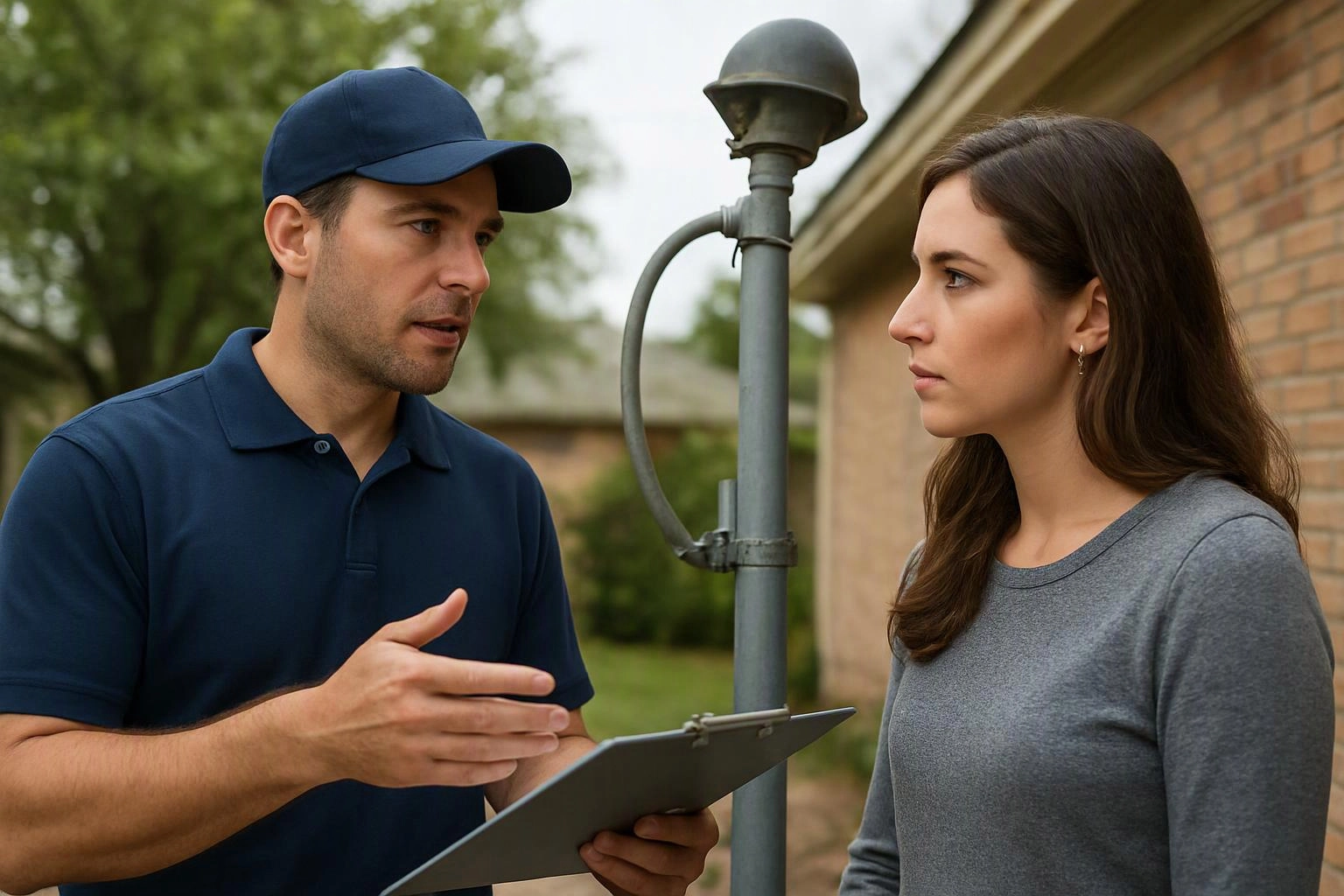 A man in a navy cap speaks with a woman beside a metal utility pole outside a house