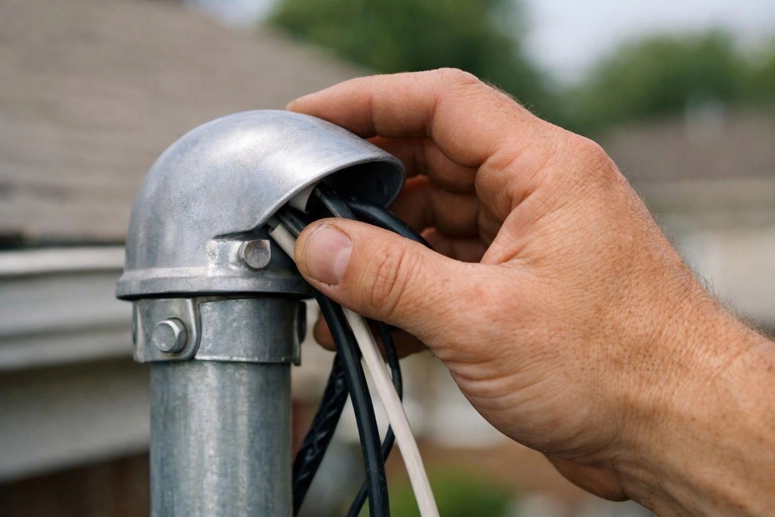 A hand feeds black and white wires into a metal conduit fitting outdoors
