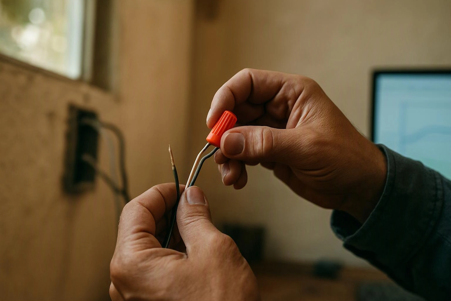 Hands twist a red wire connector around exposed electrical wires indoors