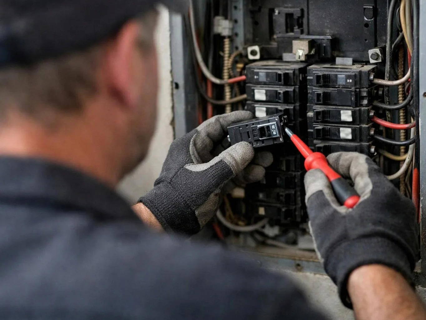A gloved electrician tests a breaker inside an open electrical panel with a red probe
