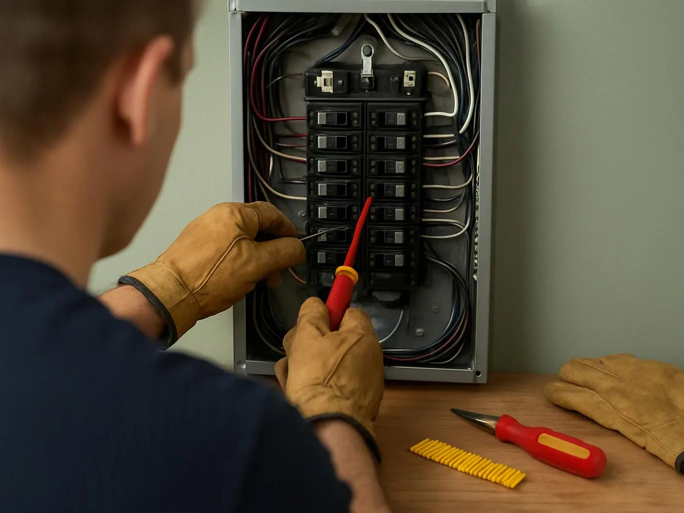 A gloved electrician works on an open breaker panel with tools on a wooden table