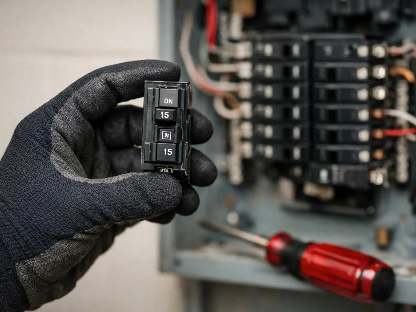 A gloved hand holds a 15-amp circuit breaker in front of an open electrical panel with a screwdriver below
