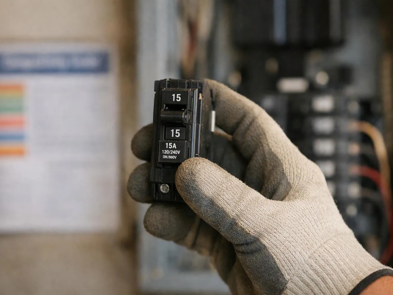 A gloved hand holds a 15-amp circuit breaker in front of an electrical panel