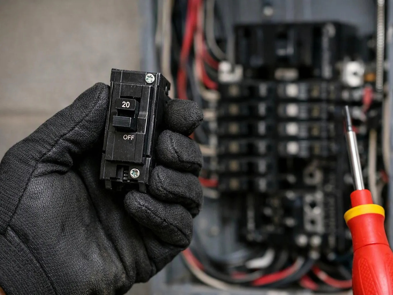 A gloved hand holds a 20-amp circuit breaker beside an open electrical panel and screwdriver