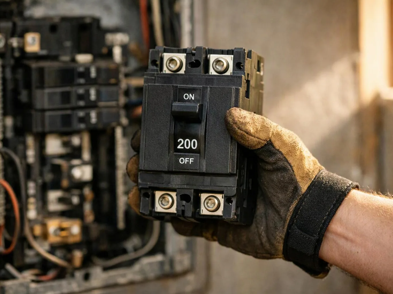 A gloved hand holds a 200-amp circuit breaker in front of an open electrical panel