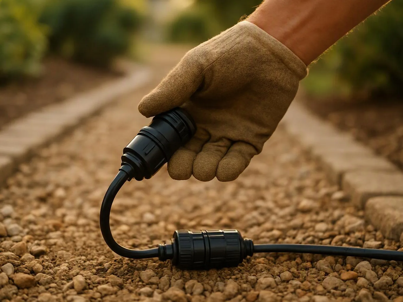 A gloved hand holds a black cable connector above a gravel path in a garden setting