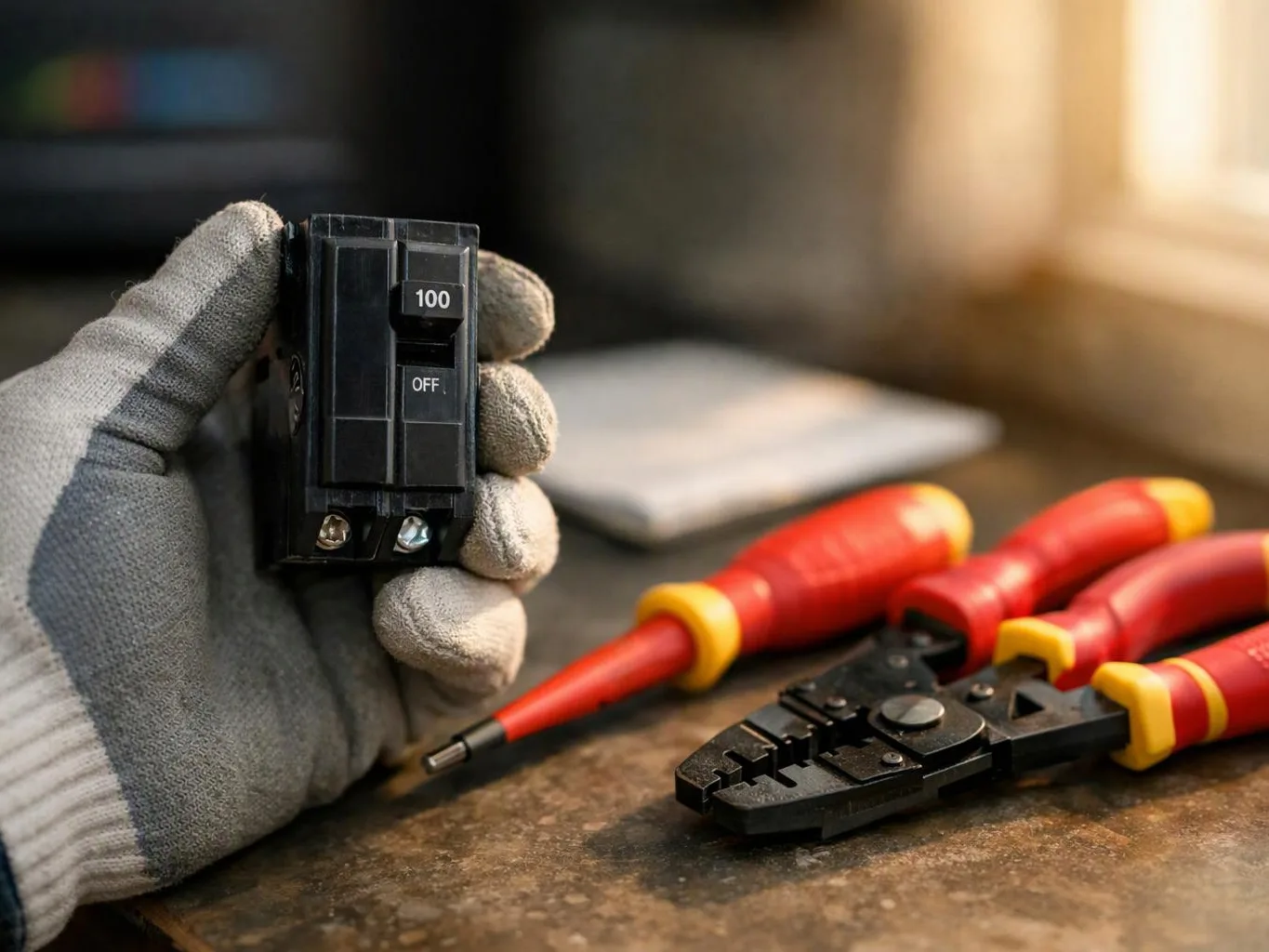 A gloved hand holds a black circuit breaker beside red electrical tools on a workbench