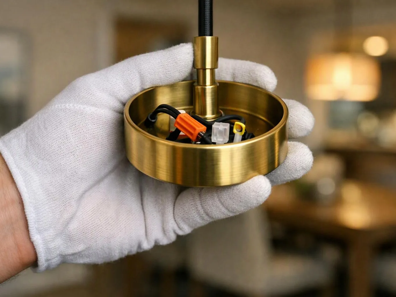 A gloved hand holds a brass ceiling light base with exposed wires against a blurred indoor background