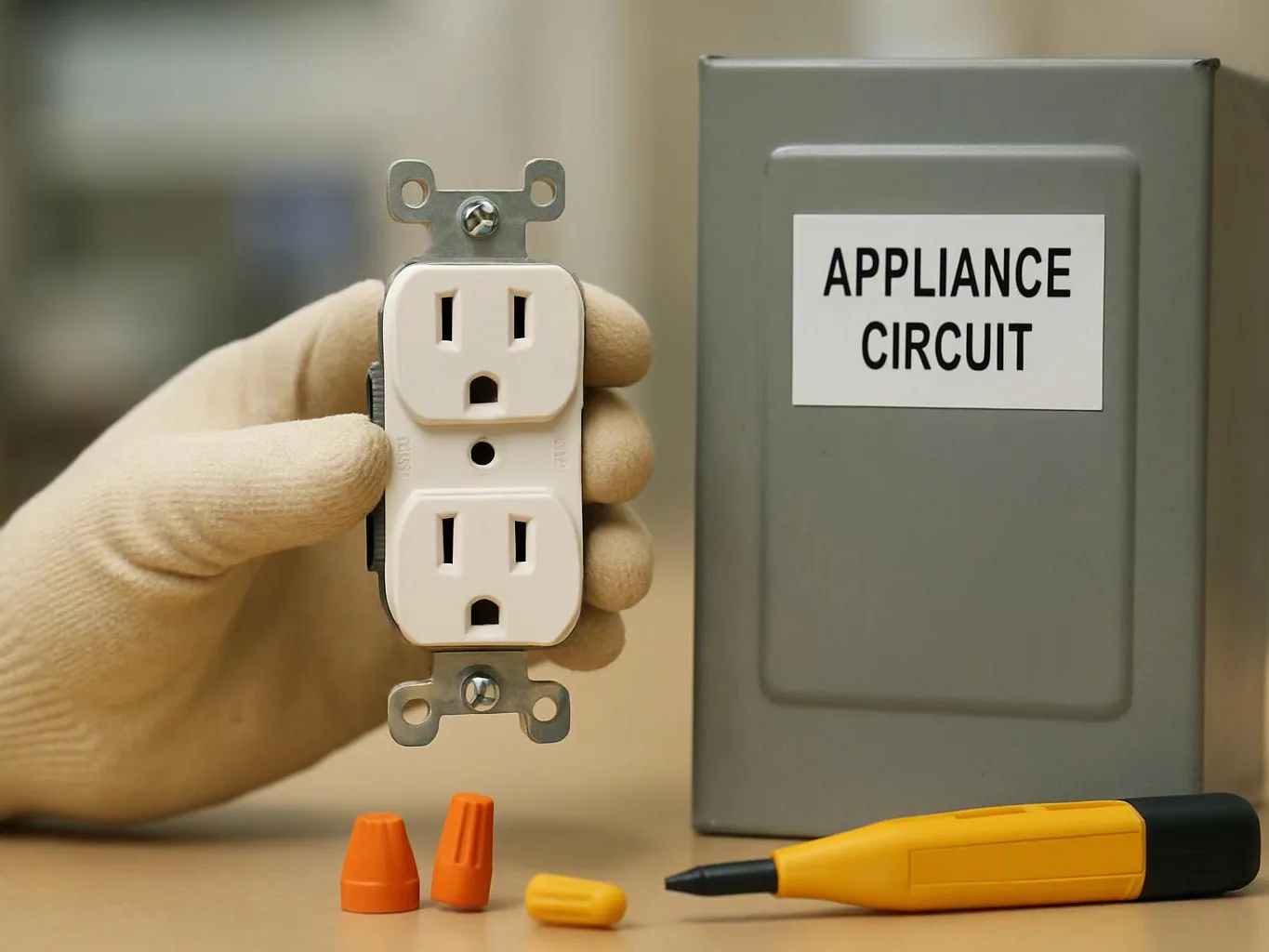 A gloved hand holds a duplex electrical outlet beside a gray box labeled “APPLIANCE CIRCUIT”