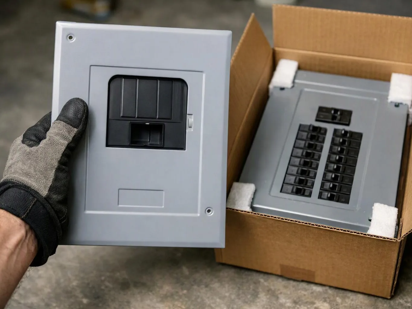 A gloved hand holds a gray electrical breaker panel cover beside an open cardboard box with another panel inside