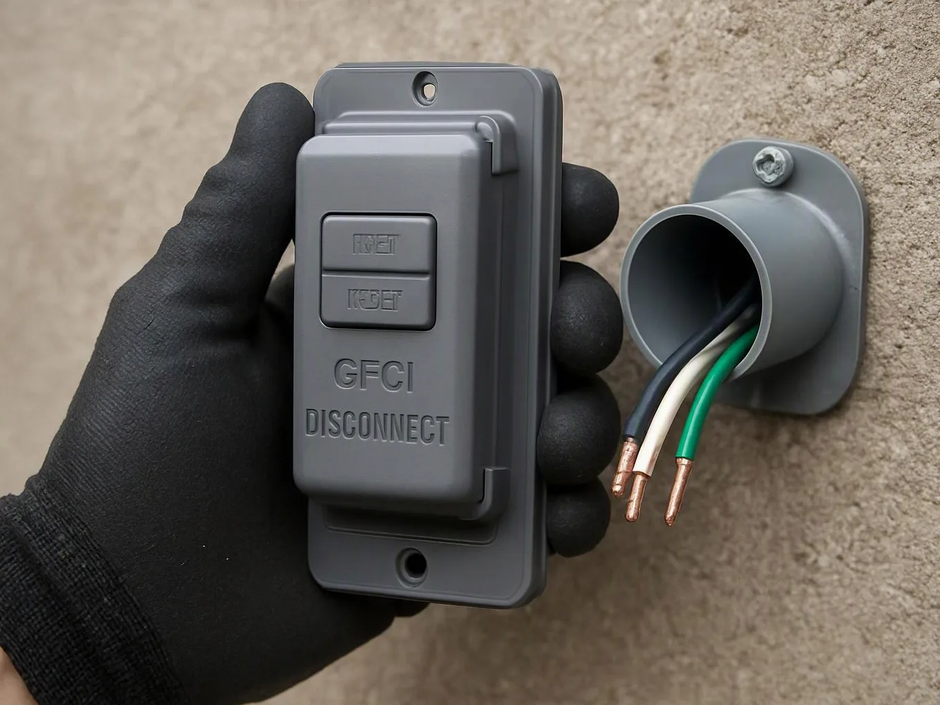 A gloved hand holds a gray GFCI disconnect cover beside a wall-mounted conduit with exposed wires