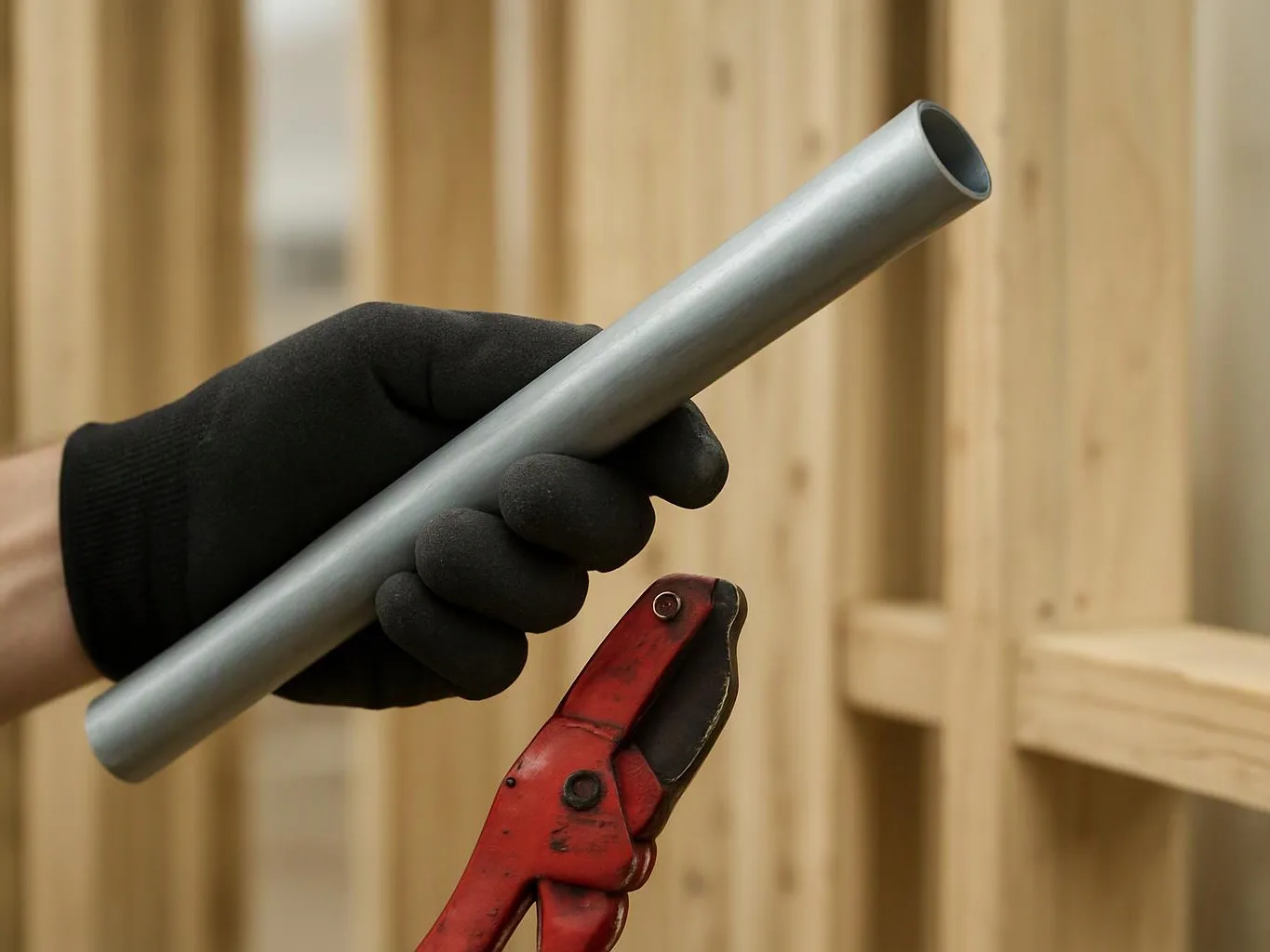 A gloved hand holds a gray metal pipe above a red pipe cutter in a wood-framed area
