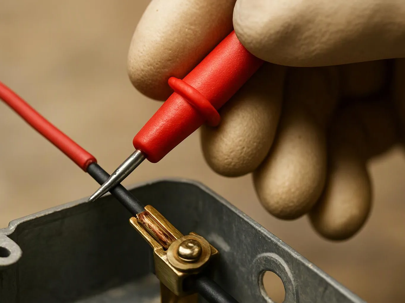 A gloved hand holds a red multimeter probe near exposed electrical wires inside a metal box