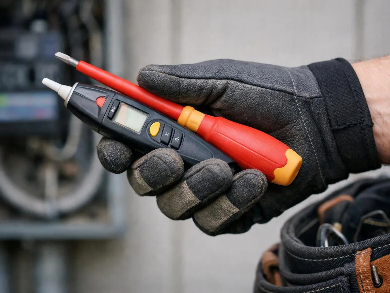 A gloved hand holds a red screwdriver and a black voltage tester against a blurred workshop background