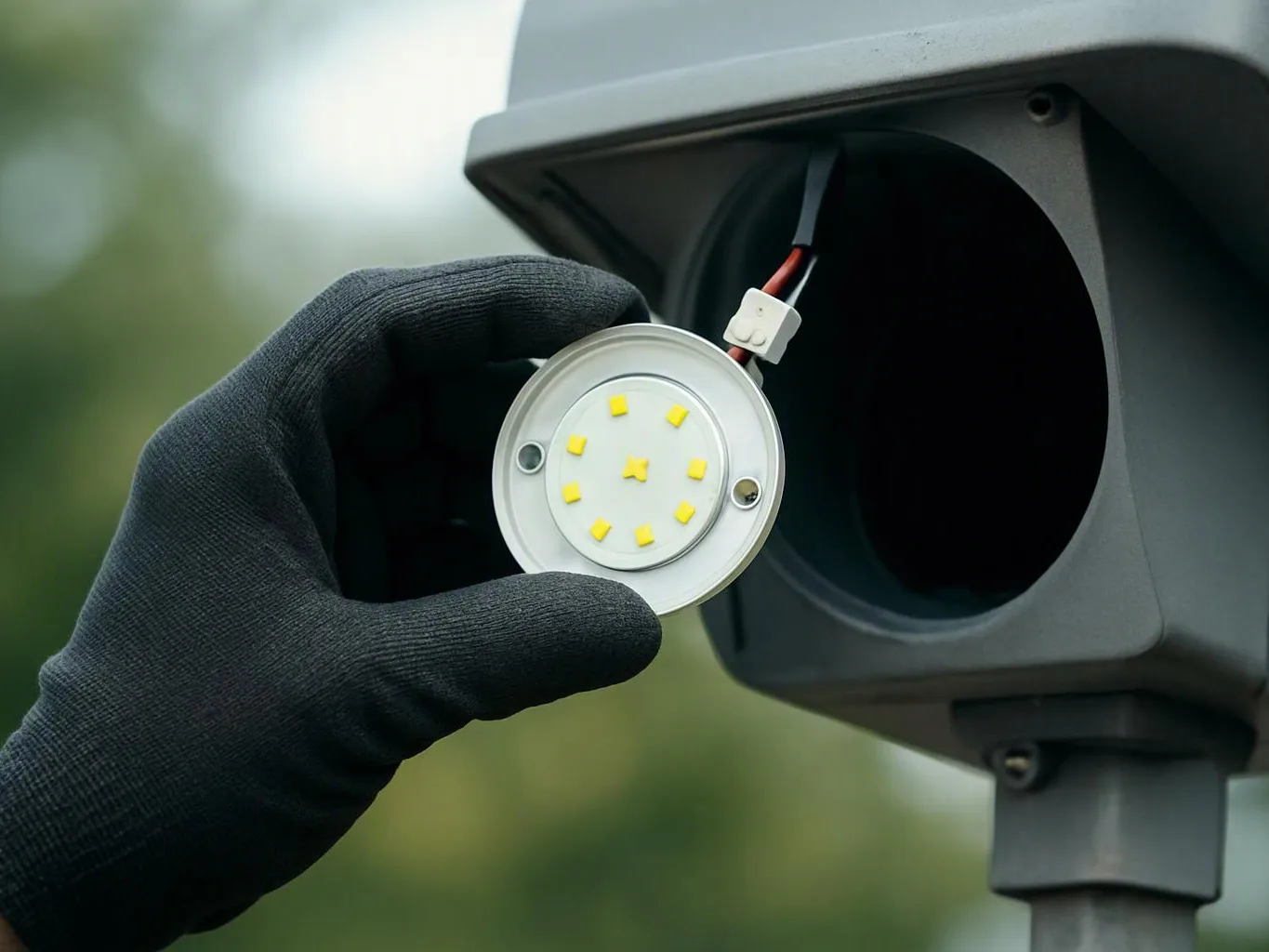 A gloved hand holds a round LED light module beside an open black lamp housing outdoors