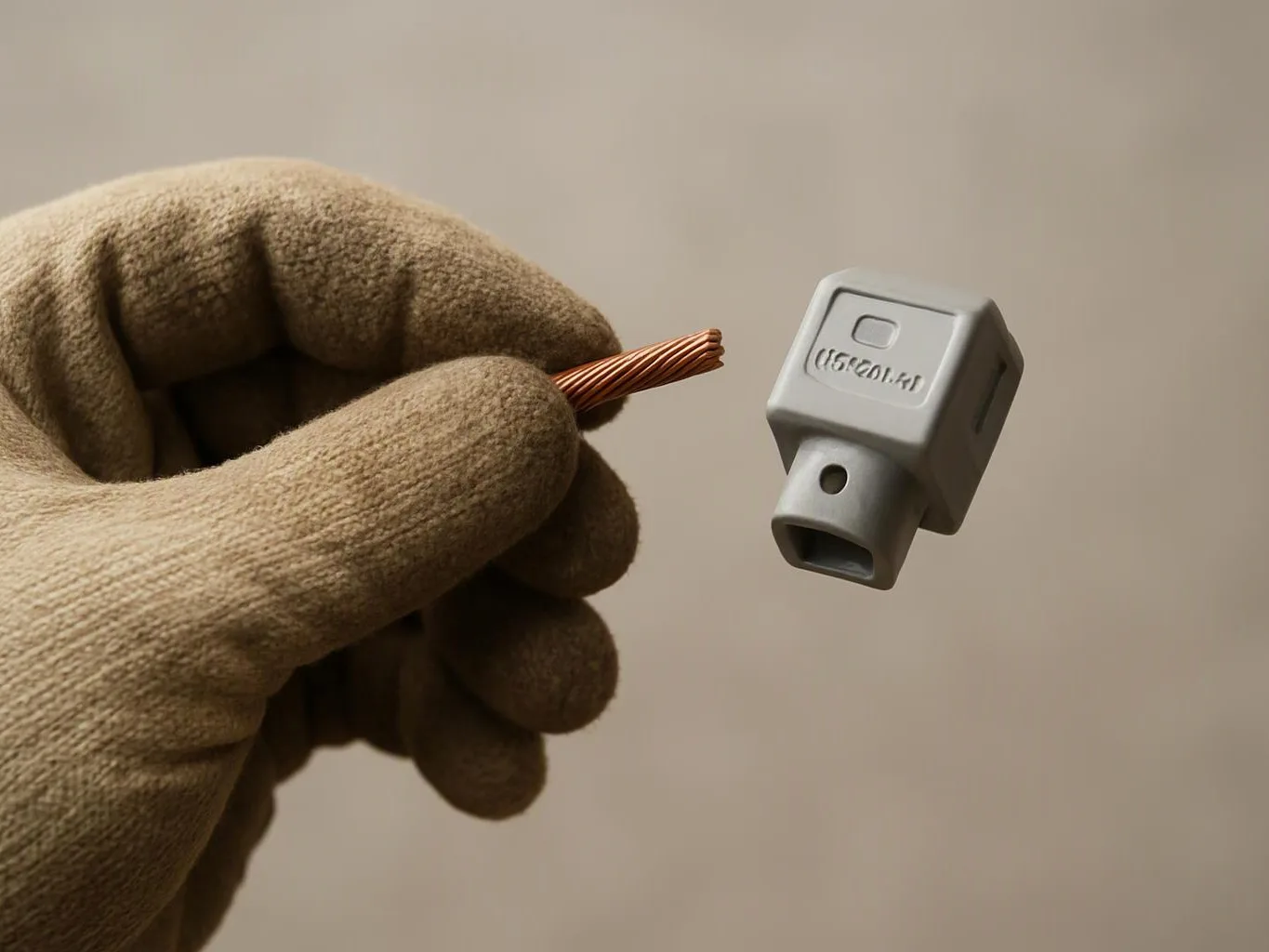 A gloved hand holds a stripped copper wire beside a gray electrical connector against a plain background