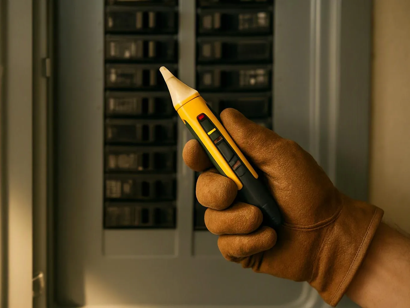 A gloved hand holds a voltage tester in front of an electrical panel