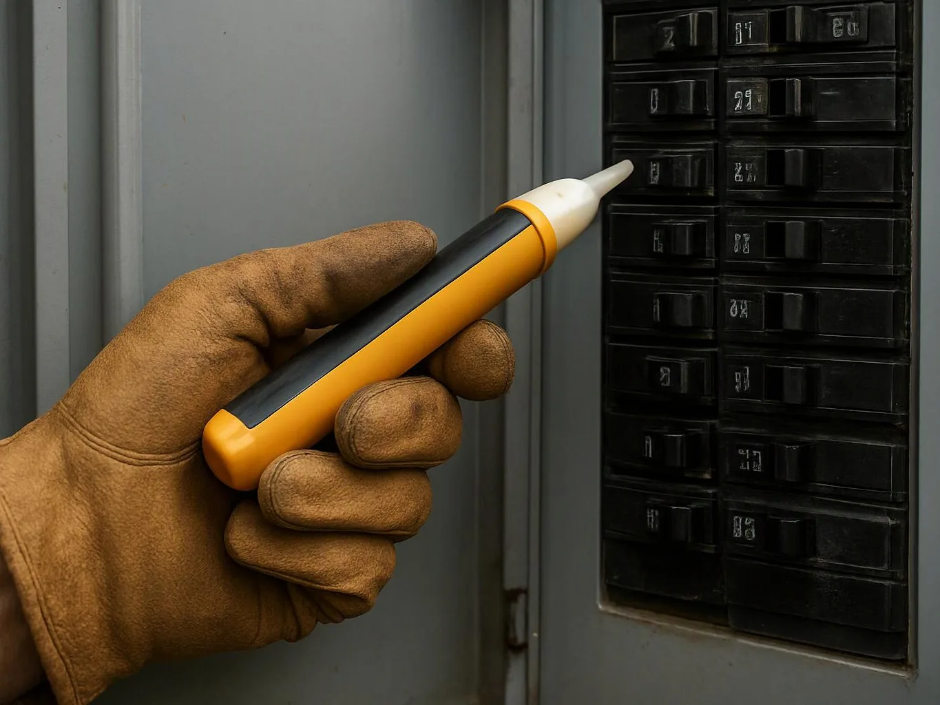 A gloved hand holds a voltage tester near an electrical breaker panel inside a gray metal cabinet