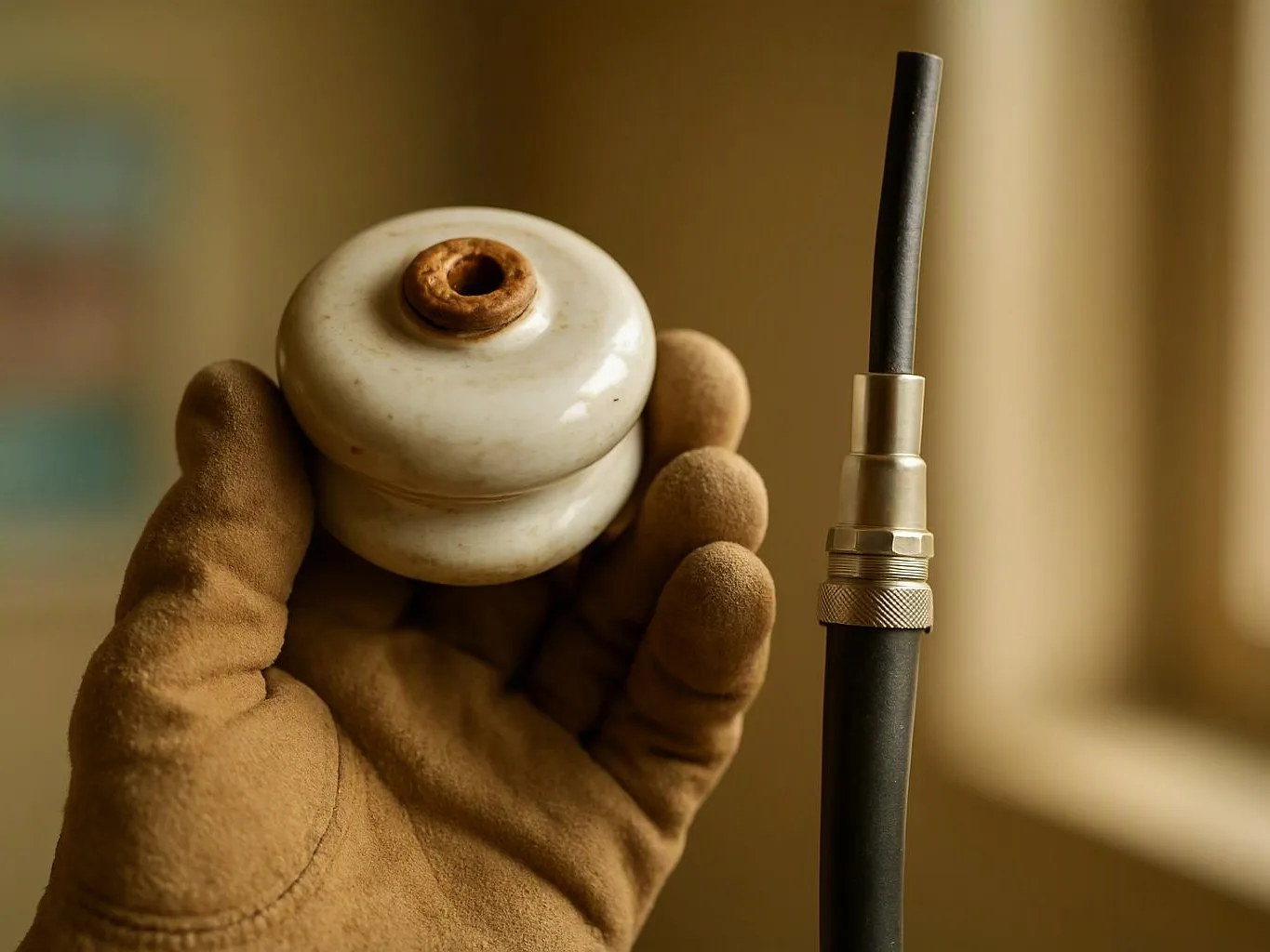 A gloved hand holds a white ceramic insulator beside a black cable with a metal connector indoors