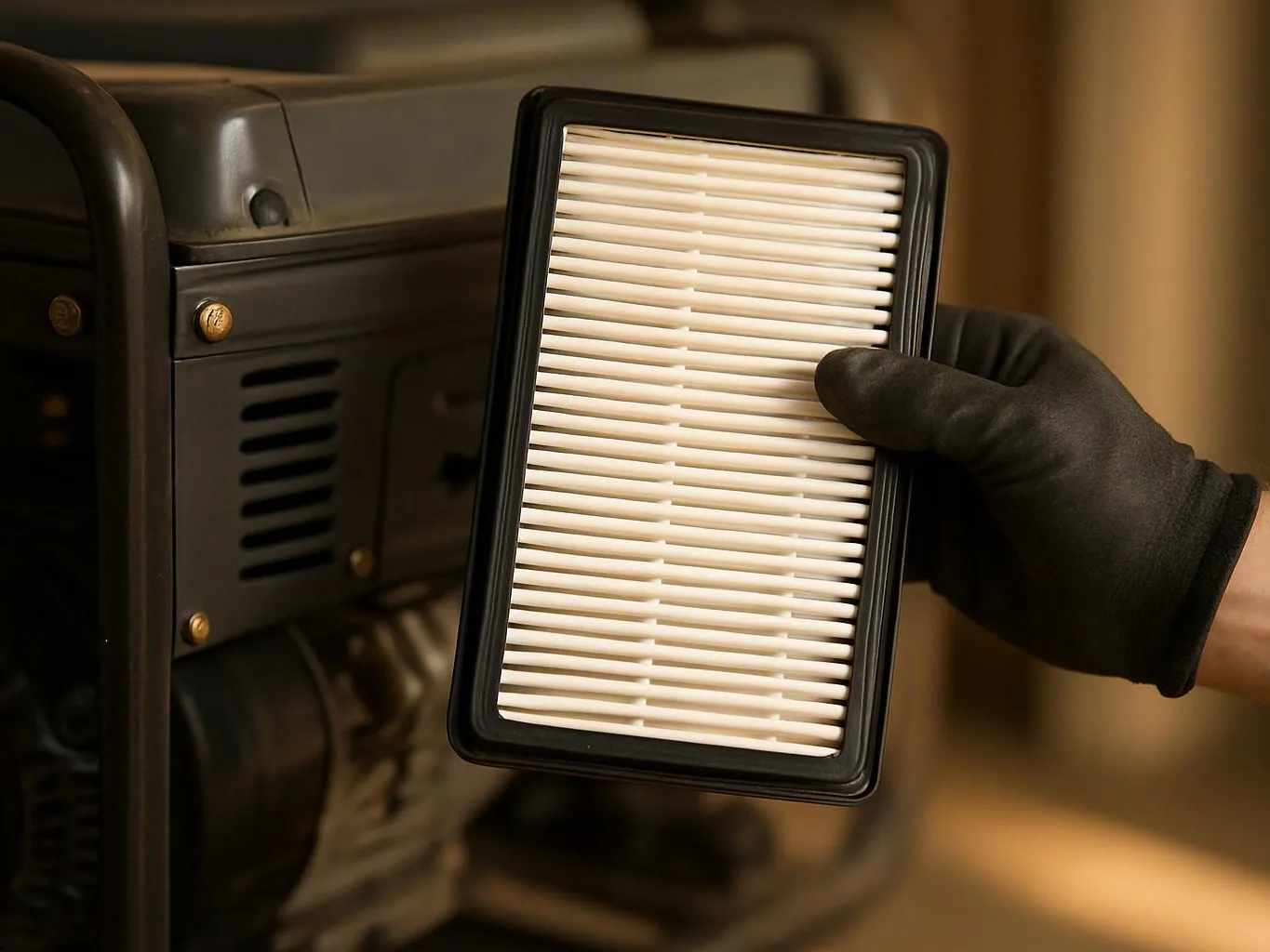 A gloved hand holds a white pleated air filter beside a dark machine in warm indoor light