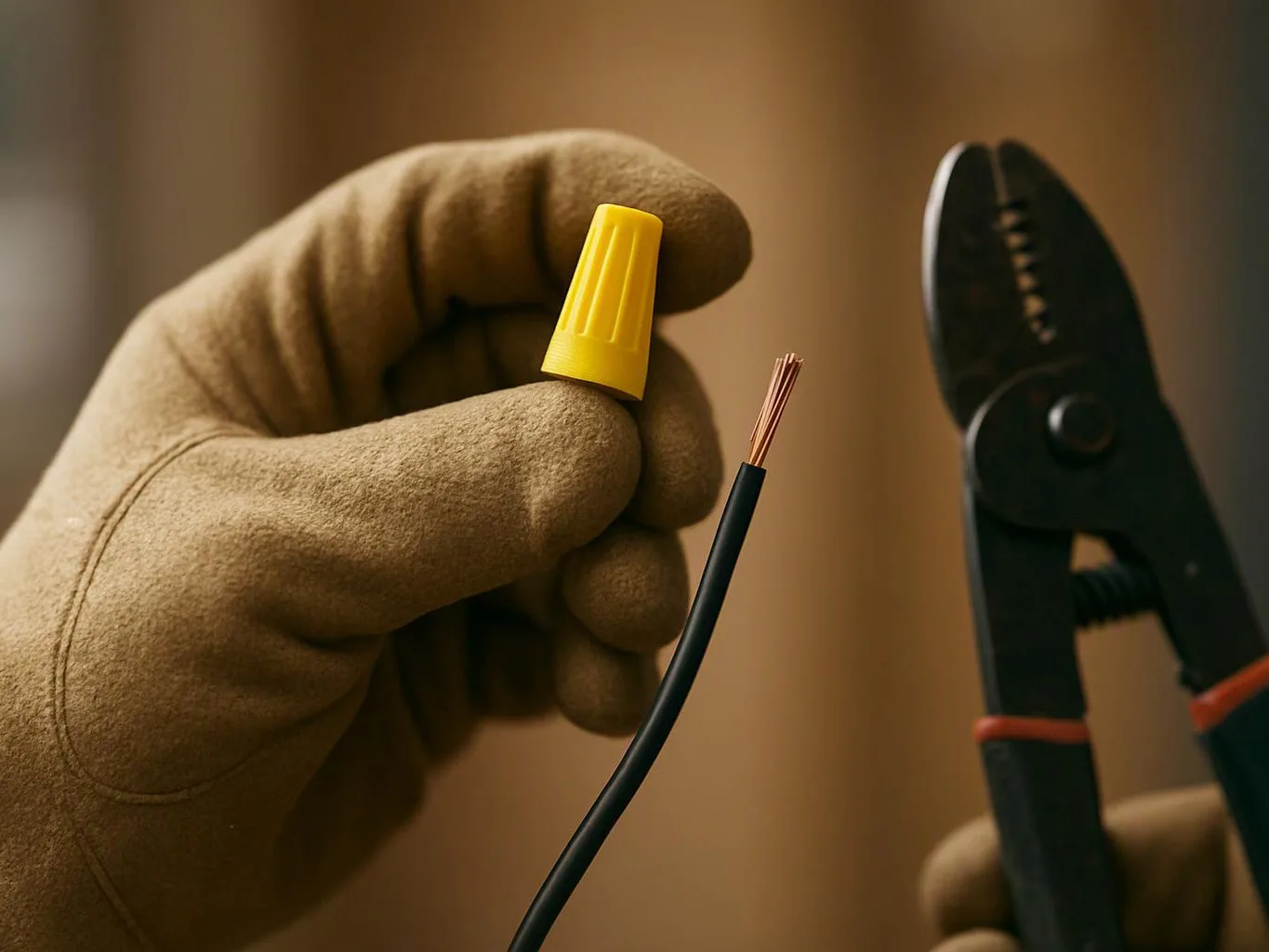 A gloved hand holds a yellow wire cap beside a stripped black electrical wire and pliers