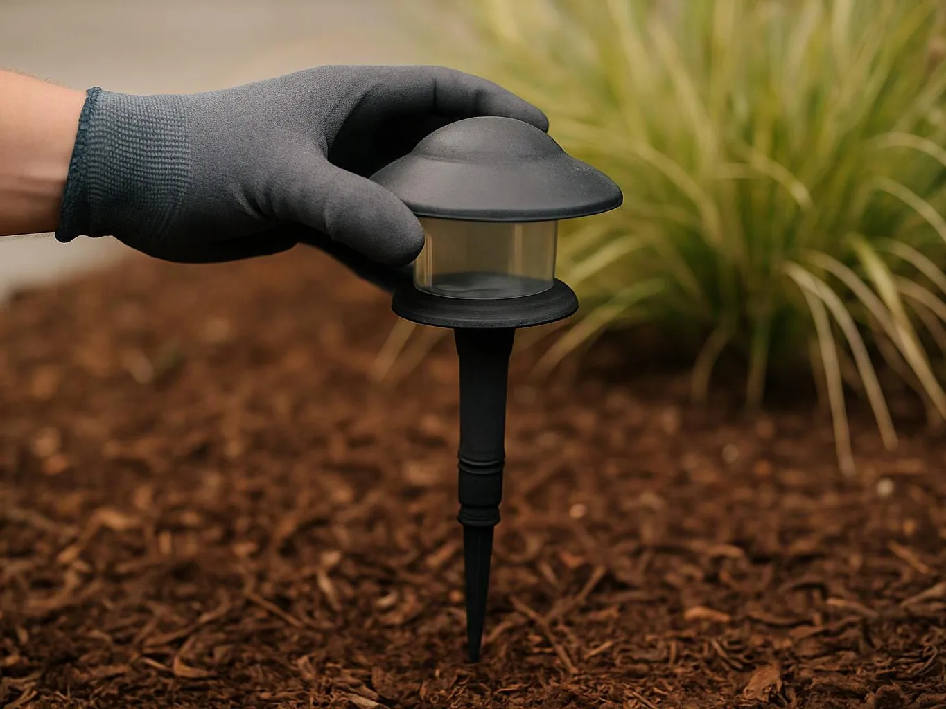 A gloved hand places a black garden path light into mulch beside grass blades