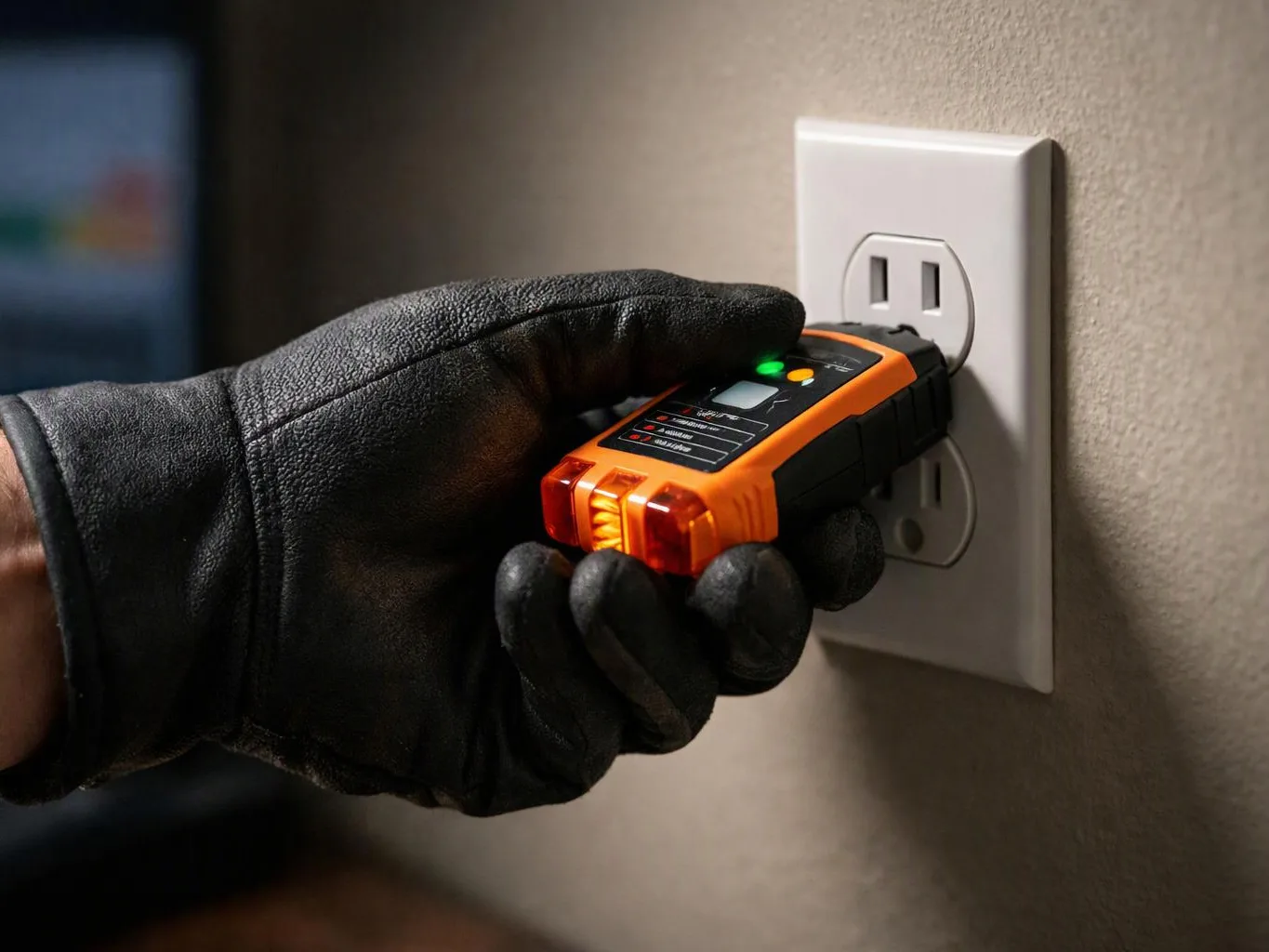 A gloved hand plugs an orange electrical tester into a wall outlet on a beige wall