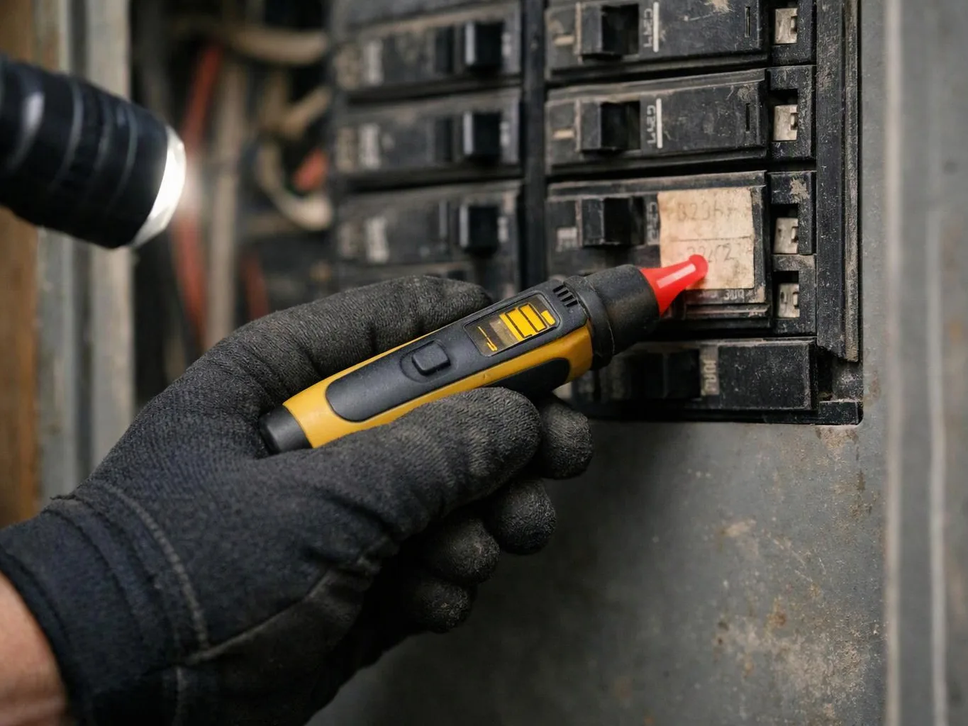 A gloved hand tests a circuit breaker panel with a yellow voltage pen flashlight