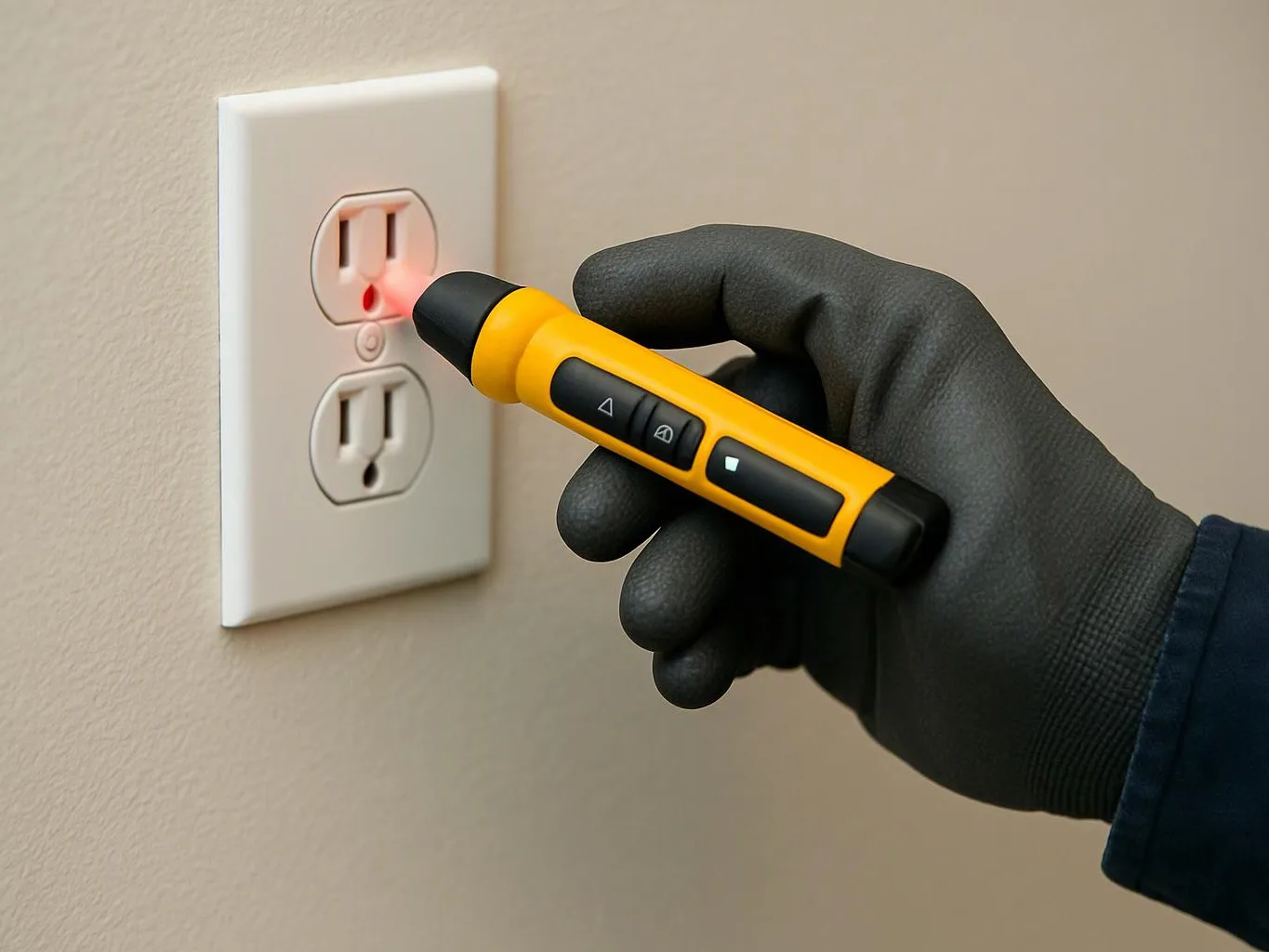 A gloved hand tests a wall outlet with a yellow electrical voltage tester in a plain indoor wall setting