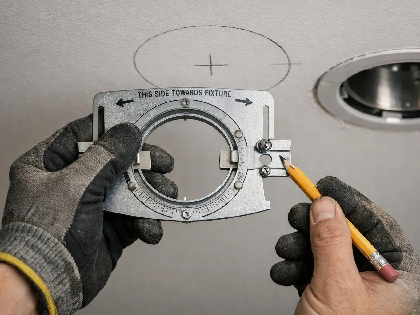 Gloved hands hold a metal cutout guide while a pencil marks a ceiling opening next to a recessed light hole