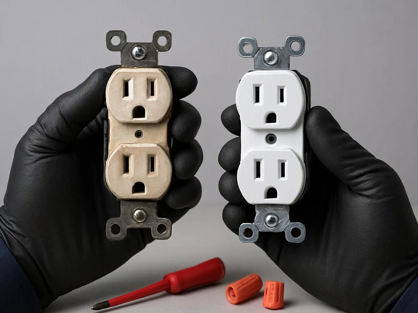 Gloved hands hold two duplex electrical outlets, one beige and one white, with a red screwdriver on the table below