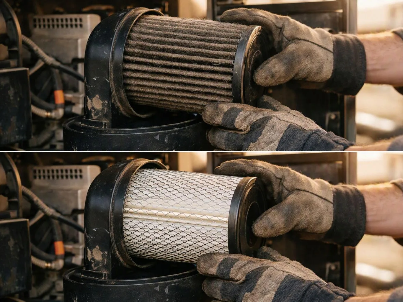 Gloved hands remove a dirty cylindrical air filter from a machine and fit a clean one in a workshop