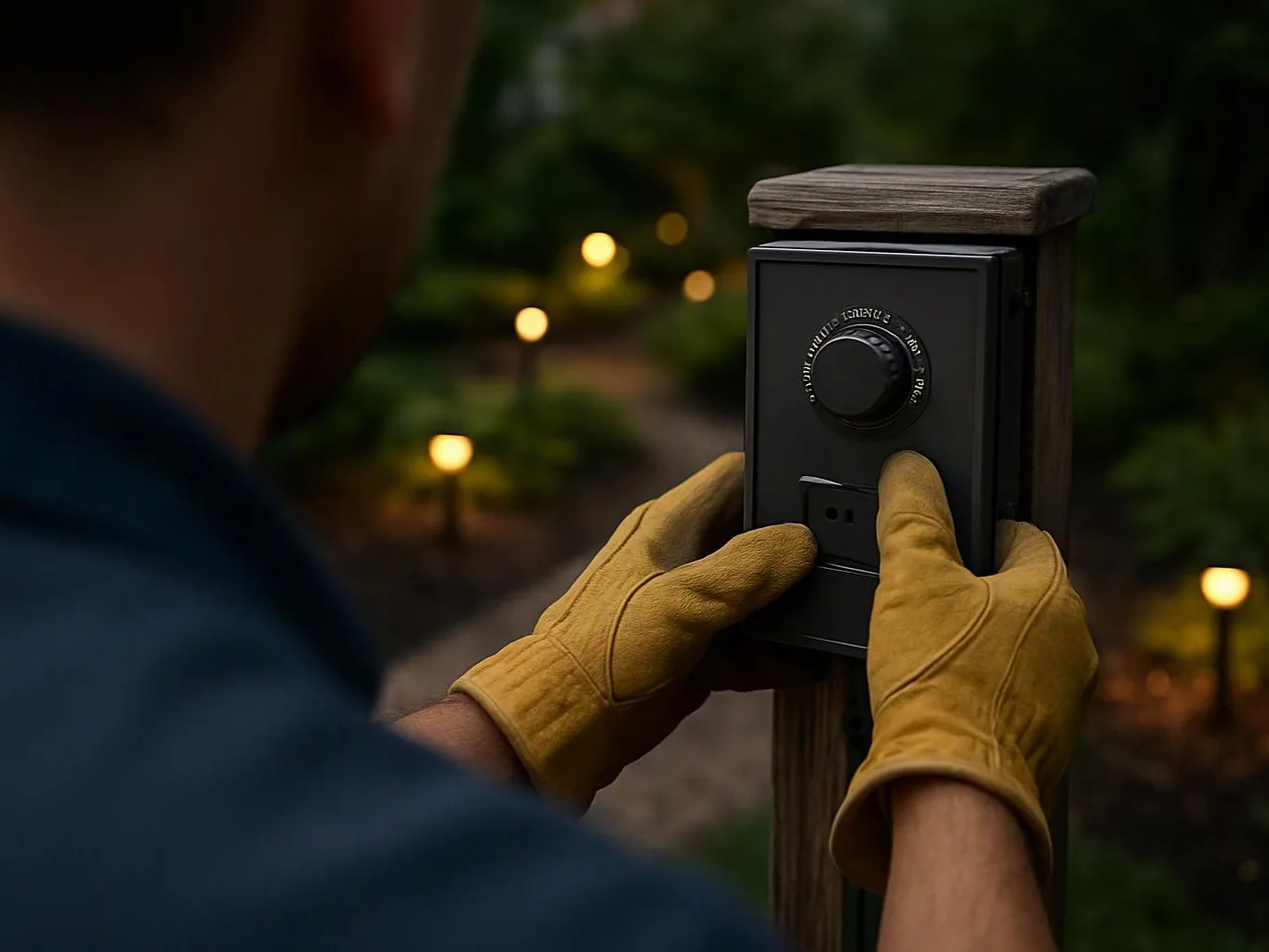 A gloved person adjusts a black outdoor control box mounted on a wooden post along a lit garden path