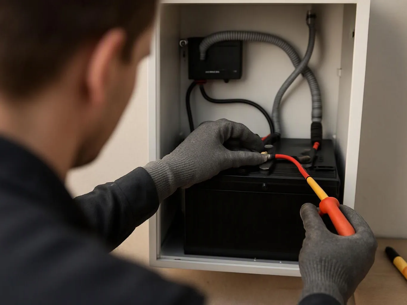 A gloved person connects cables inside an open electrical cabinet, with a large black battery visible inside