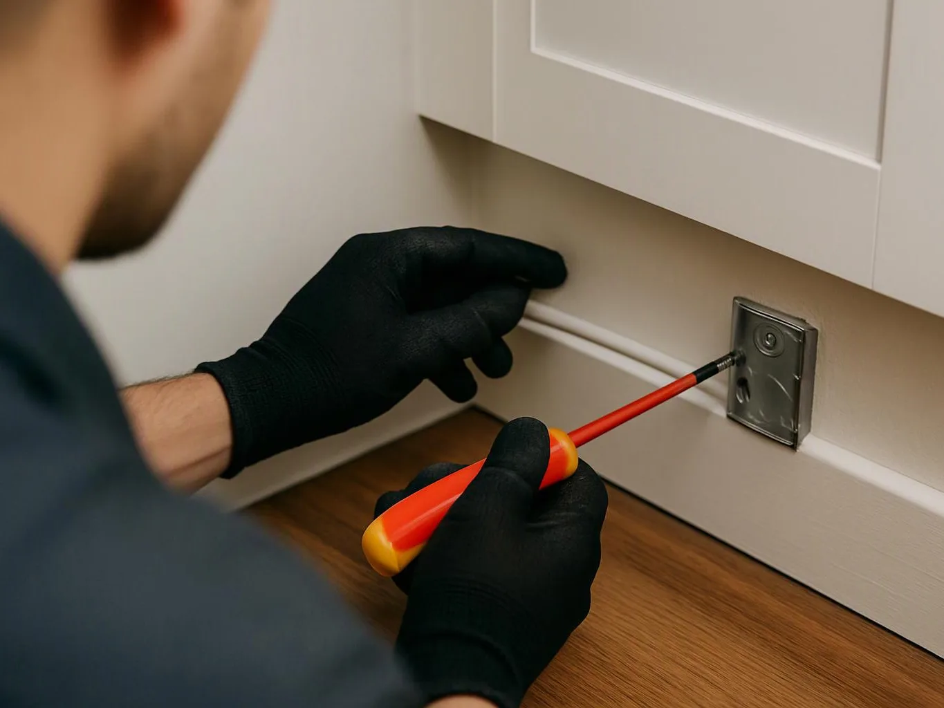 A gloved person uses a screwdriver to work on a metal wall outlet plate beside white cabinets