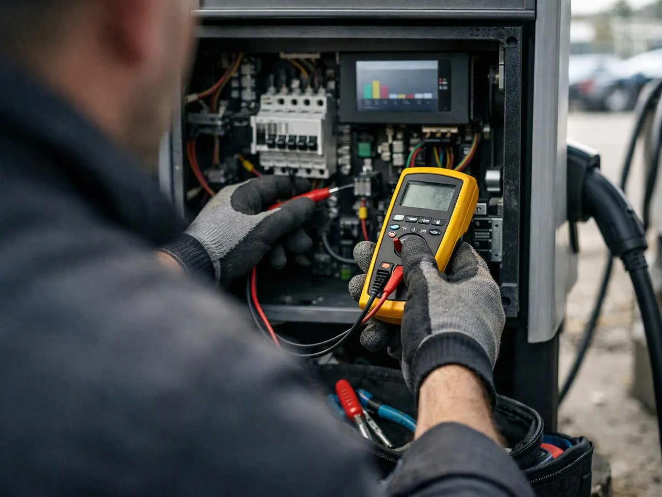 A gloved technician tests wiring inside an open electrical cabinet with a yellow meter outdoors