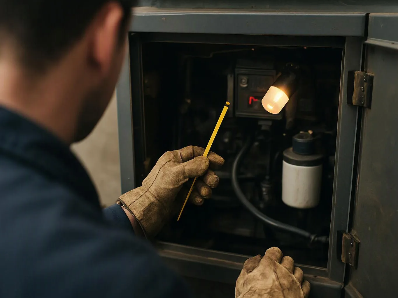 A gloved worker inspects open machinery with a flashlight and pencil inside a metal cabinet