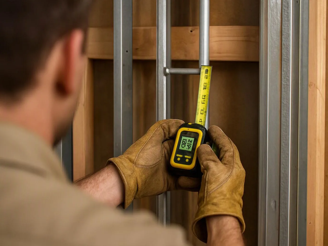 A gloved worker measures a metal stud wall with a yellow tape measure inside a framed room