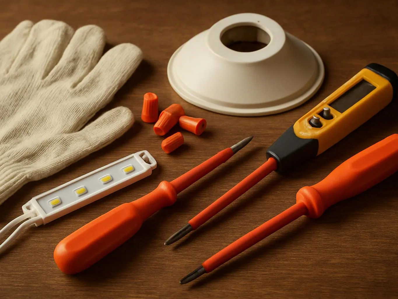 Gloves, screwdrivers, wire nuts, a tester, and a light fixture base lie arranged on a wooden surface
