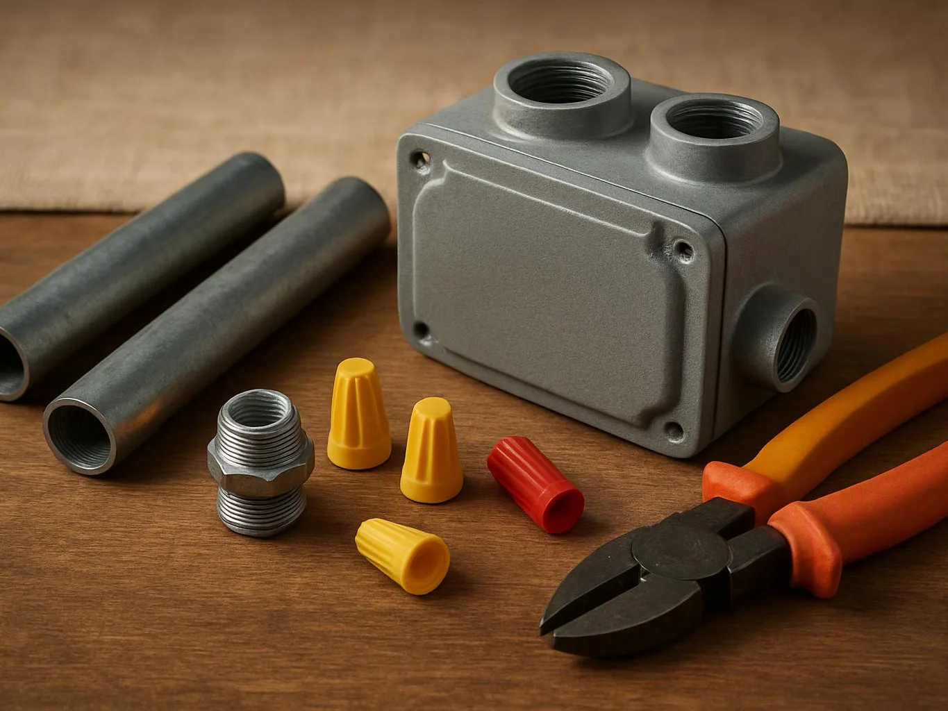 A gray electrical junction box sits beside metal pipes, wire nuts, connectors, and orange-handled pliers on a wooden surface