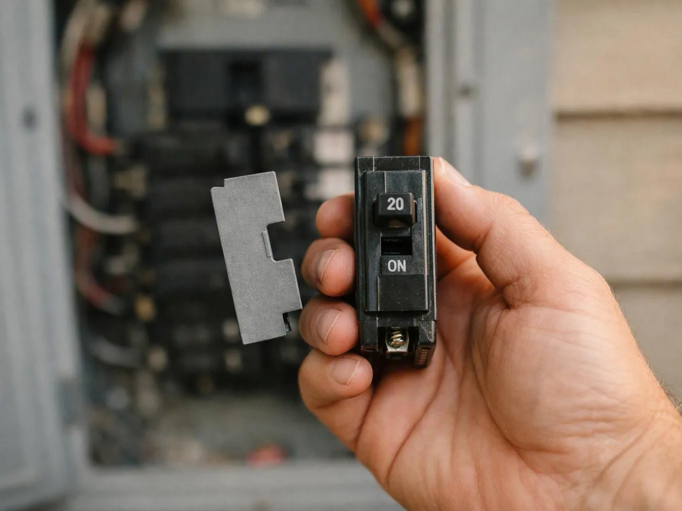 A hand holds a black circuit breaker with a gray cover in front of an open electrical panel