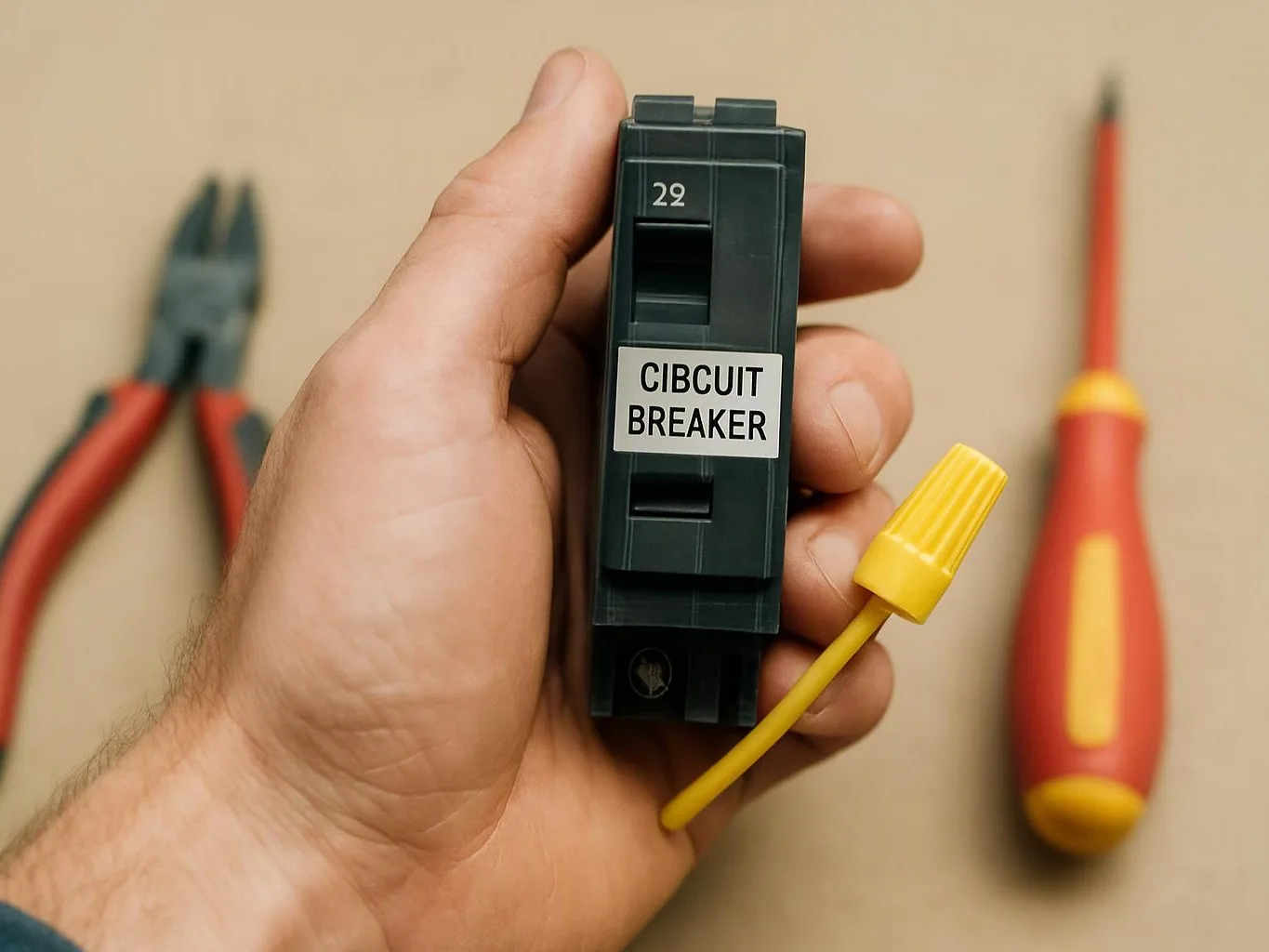 A hand holds a circuit breaker labeled CIBCUIT BREAKER, with tools and a yellow wire nut on a work surface