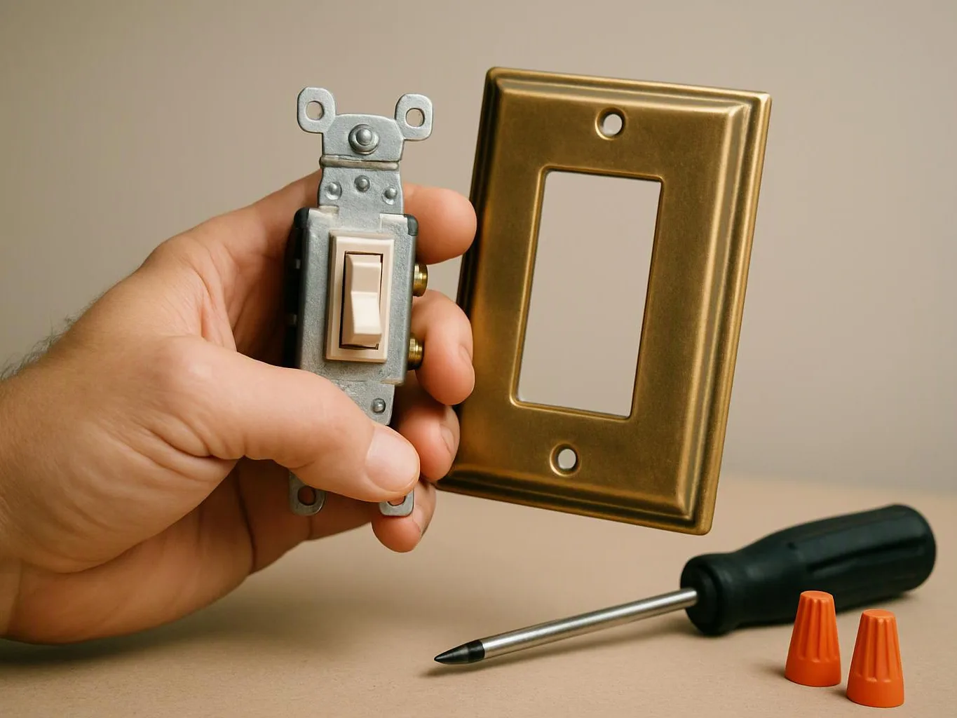 A hand holds a light switch and brass wall plate beside a screwdriver and wire nuts on a work surface