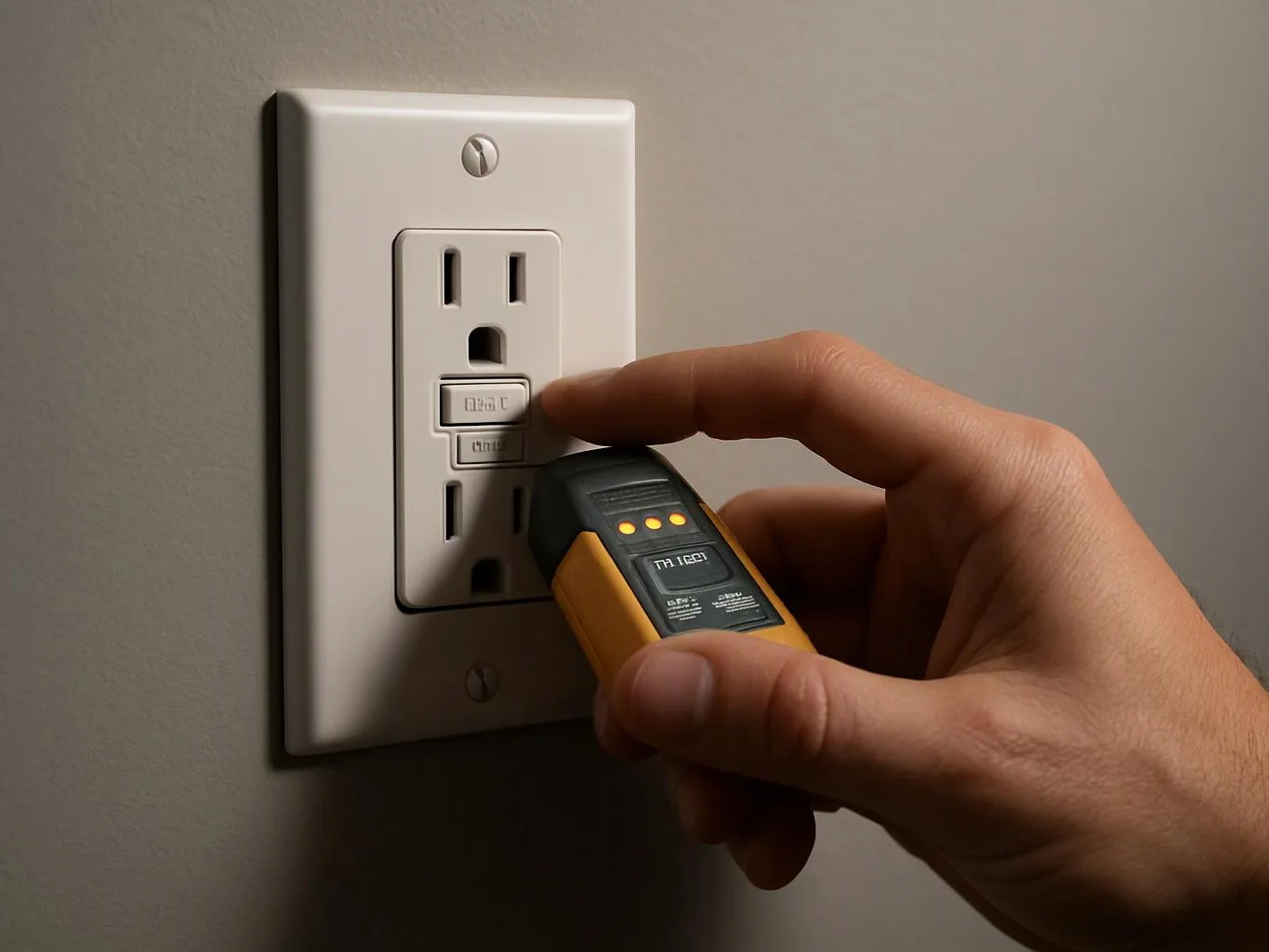 A hand holds a plug tester against a wall outlet on a plain indoor wall