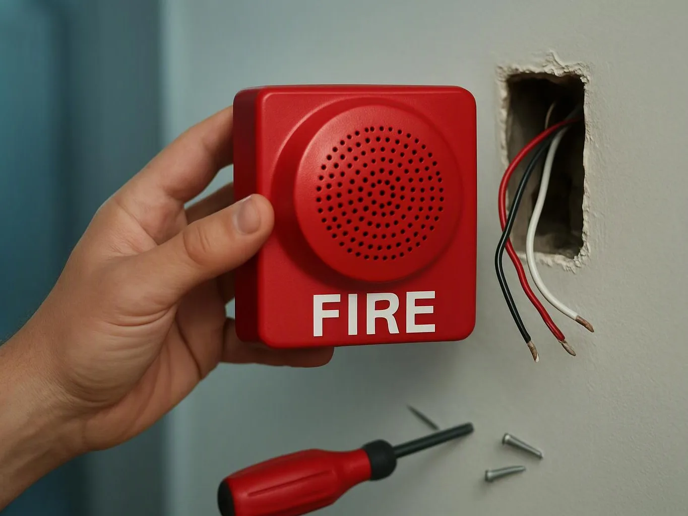 A hand holds a red fire alarm speaker beside an open wall box with exposed wires and a screwdriver below