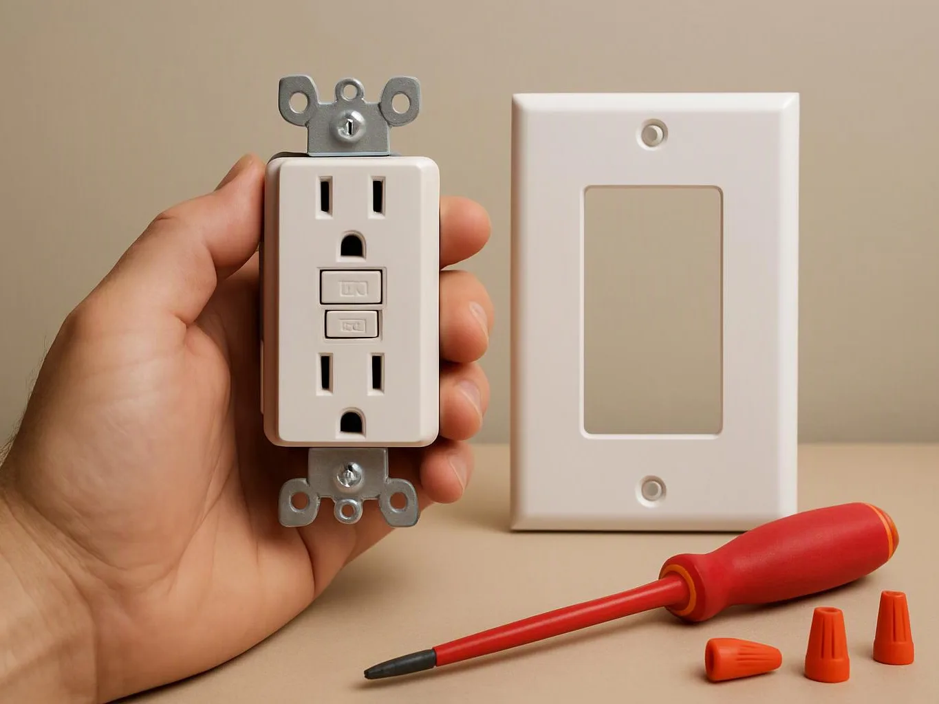 A hand holds a white duplex outlet beside a blank wall plate and a red screwdriver on a beige surface