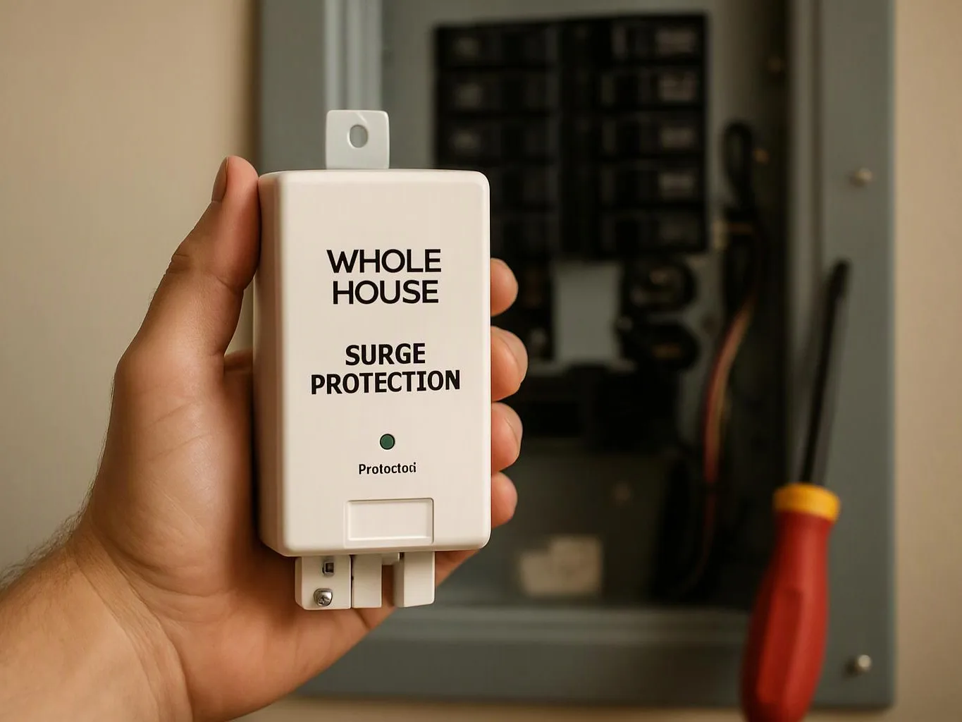 A hand holds a white whole-house surge protection device in front of an open electrical panel